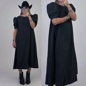 Maya Meyer U-line Black Midi Dress Puff Sleeve Oversized Vintage Size 2 Medium